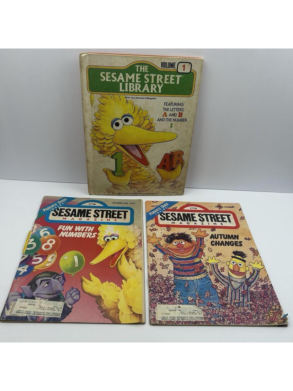 Vintage Sesame Street Lot 1986 Magazines Oct Nov + Library Vol 1 ABC Number 1